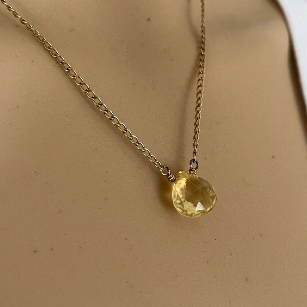 Citrine Necklace Yellow Quartz Puffy Drop 18in Gold Tone Cable Chain